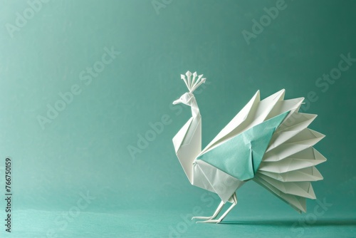 origami Peacock on pastel green background photo