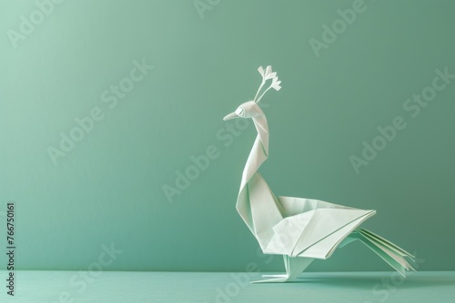 origami Peacock on pastel green background photo