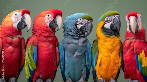  Vibrant parrots in a lineup, each flaunting their unique feather patterns. © Liana