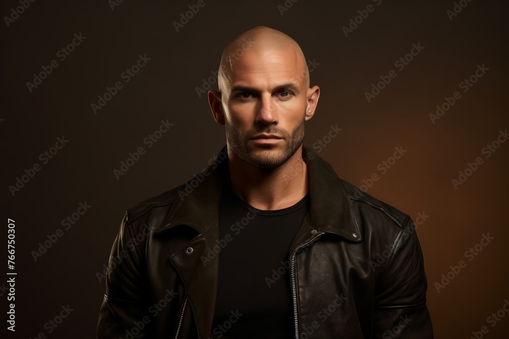 Portrait of a brutal man in a leather jacket on a dark background.