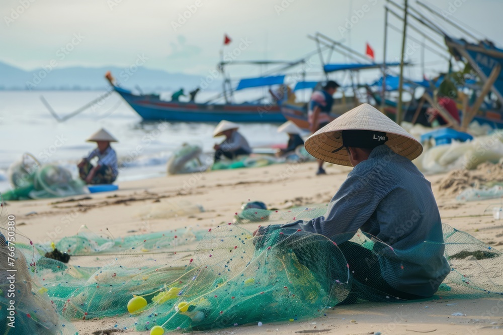 Vietnamese fishermen in conical hats repairing their fishing nets on a sandy beach, with fishing boats anchored in the background, Generative AI Vietnamese fishermen in conical hats repairing their fishing nets on a sandy beach, with fishing boats anchored in the background, Generative AI