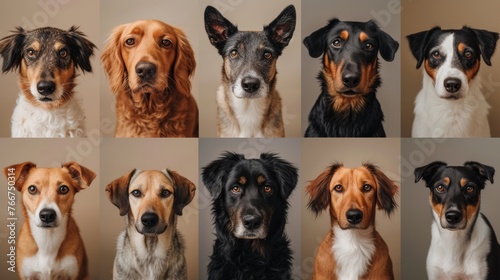 Array of diverse dog breeds looking forward, showcasing canine diversity. © Liana