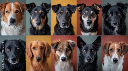 Various breeds of dogs against colorful backgrounds, showcasing diversity.