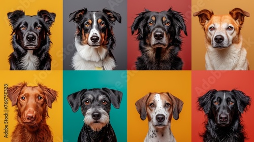 Colorful dogs against vibrant backgrounds in a striking portrait grid.