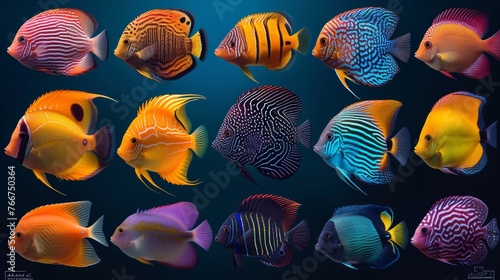 Assortment of colorful tropical fish against a dark blue background.