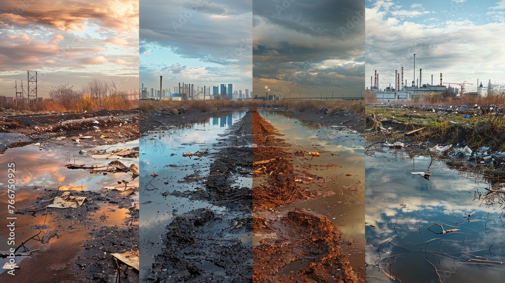A collage of images depicting the before - and - after effects of environmental cleanup efforts, with polluted areas transformed into clean and healthy environments - obrazy, fototapety, plakaty 