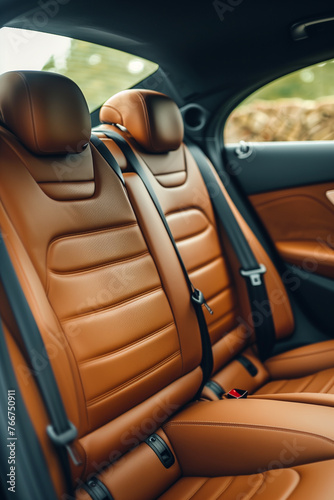 Luxurious front view of brown leather back passenger seats in modern stylish luxury car