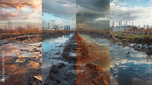 A collage of images depicting the before - and - after effects of environmental cleanup efforts, with polluted areas transformed into clean and healthy environments