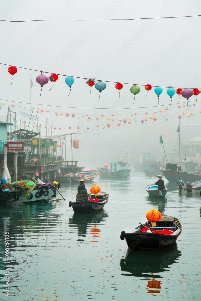 Obraz premium A picturesque scene of Asian fishermen on a mist-covered river, their boats adorned with colorful flags and lanterns, Generative AI