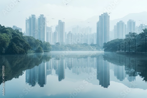 Reflection of city seen over water 