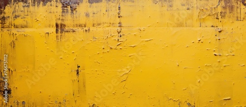 A detailed close-up of a yellow metal surface with chipped and peeling paint, revealing the textures and wear of the material photo