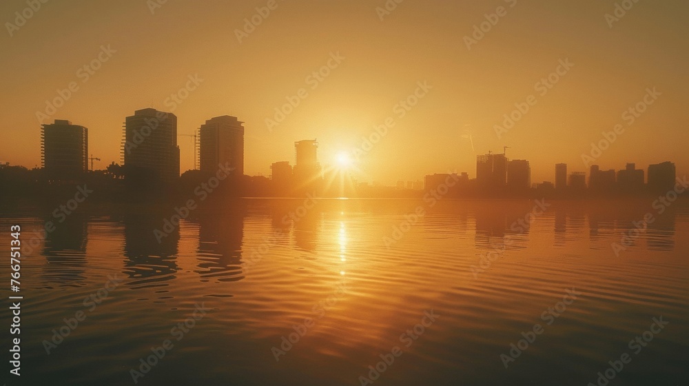The sun dips below the horizon casting long shadows of buildings onto the tranquil surface of the lake a hazy cityscape looming in the distance.
