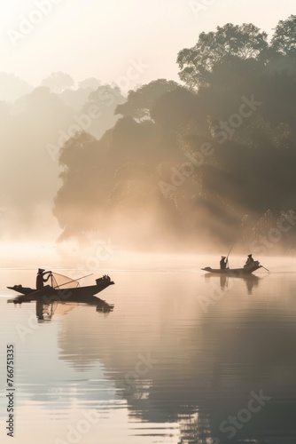 A scene of Thai fishermen in longtail boats casting their nets in a tranquil bay, with limestone karsts rising from the water, Generative AI