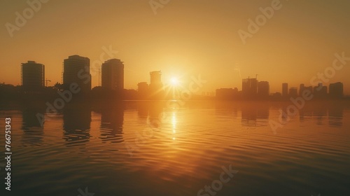 The sun dips below the horizon casting long shadows of buildings onto the tranquil surface of the lake a hazy cityscape looming in the distance.