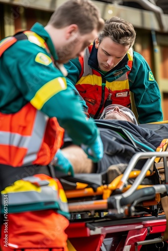 A paramedic team responding to an emergency medical call, providing critical care and life-saving interventions at the scene, Generative AI