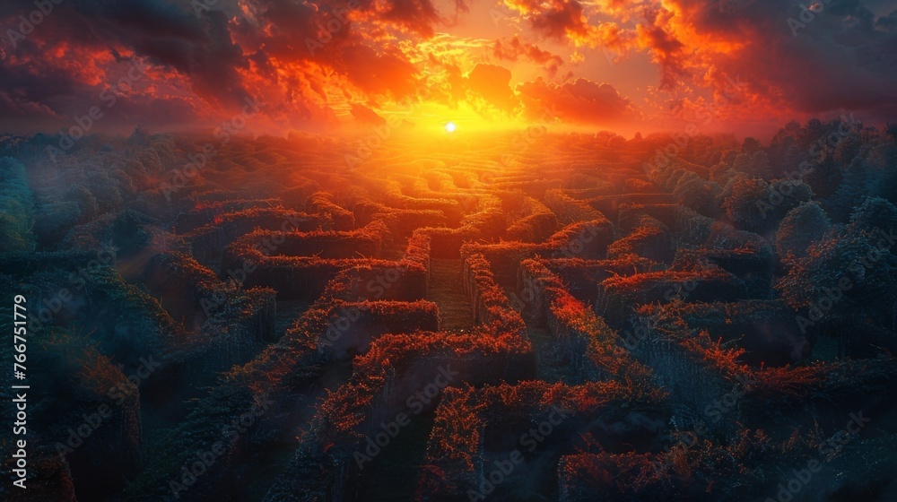 The sun sets behind a towering hedge maze casting long shadows and emphasizing the mysterious and unknowable nature of our individual paths in life. - obrazy, fototapety, plakaty 