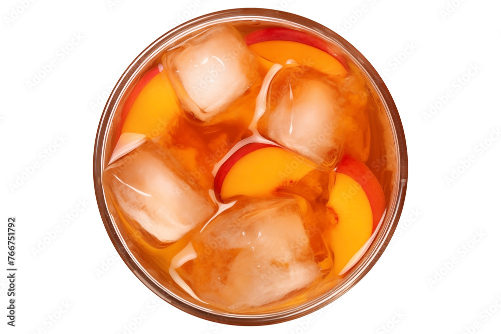 top view of a fresh peach ice tea PNG with ice cubes isolated on a white and transparent background - refreshing fruit ice tea drink cold cocktail summer concept