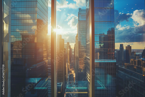 An office view with a beautiful city skyline