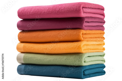 group of multi-colored towels PNG isolated on a white and transparent background - bathroom clean cotton towels for a Gym or hotel advertising concept