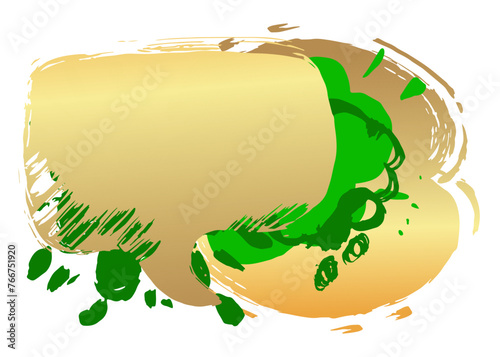Gold and Green Graffiti speech bubble. Abstract modern Messaging sign street art decoration, Discussion icon performed in urban painting style.