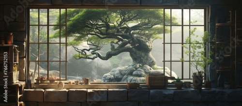 A green young tree growing upwards from a window inside a house, in an unusual and picturesque indoor setting photo