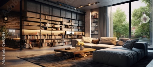 Spacious living area containing a comfortable couch and a sizable bookshelf for ample storage and display of books.