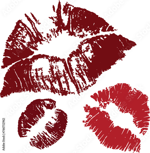 Lipstick kiss print isolated. Different shapes of female sexy red lips. Female mouth. Print of lips kiss vector background.	