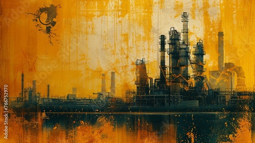 A collage of toxic symbols and waste materials in yellow and orange colors, symbolizing the hazards of industrial pollution 