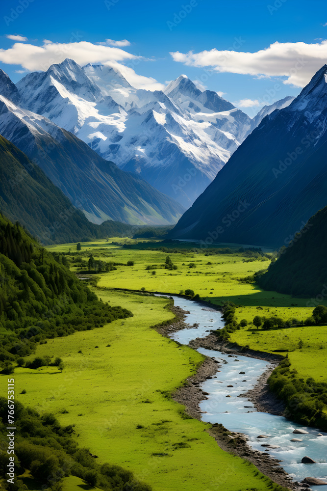 Panoramic Vista of A Lush Valley with A Serene River, Enveloped By Snow-Capped mountains and Blue Skies