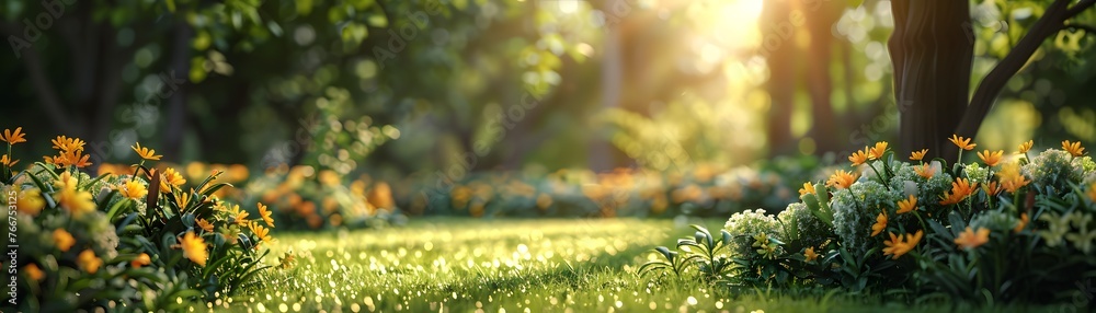 Sunbeams gently caress vibrant flowerbeds amidst the rich greenery of a peaceful park, highlighting nature's beauty in the morning light. - obrazy, fototapety, plakaty 