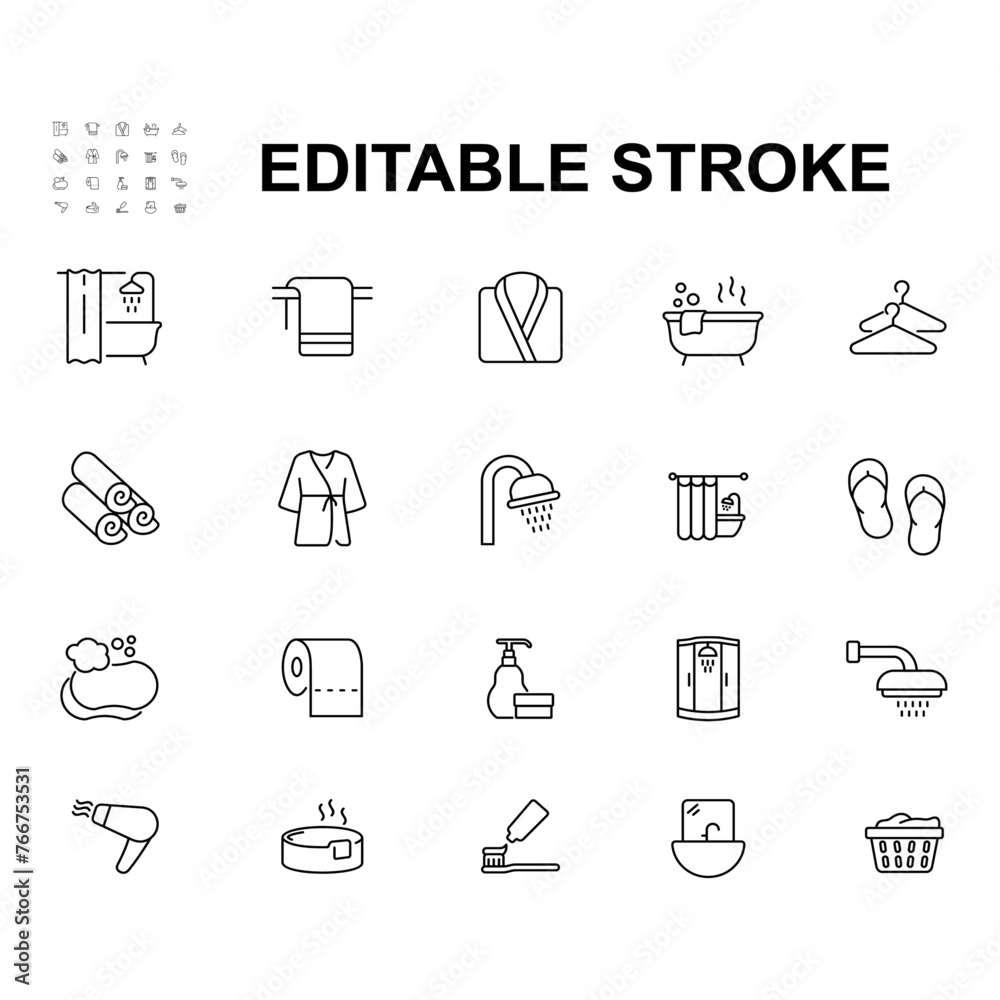 A set of icons for a bathroom. The icons include a toilet, a bathtub, a shower, a sink, a towel, a robe, a dresser.