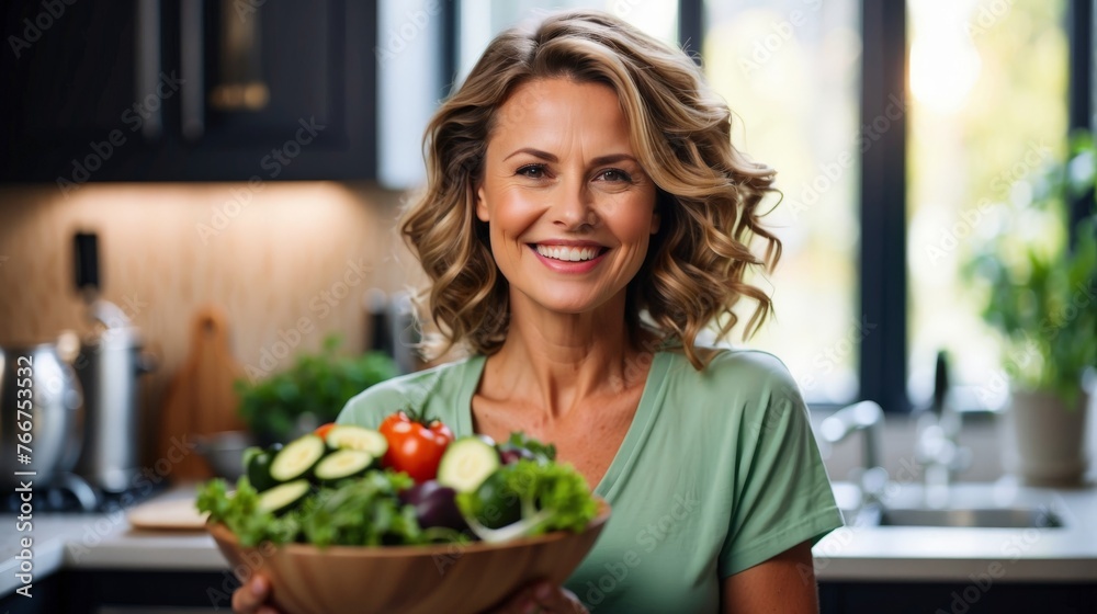 Adult vegetarian woman in casual attire smiling holding a healthy vegetable salad bowl on blurred kitchen background Adult vegetarian woman in casual attire smiling holding a healthy vegetable salad bowl on blurred kitchen background