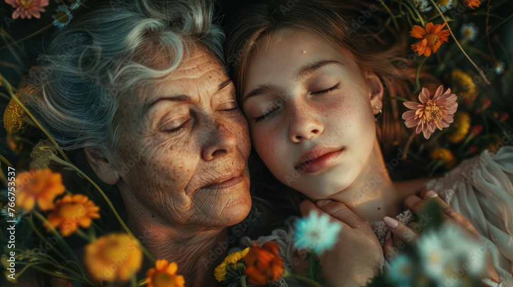 A woman and a young girl are lying in a field of flowers, mother day photo A woman and a young girl are lying in a field of flowers, mother day photo