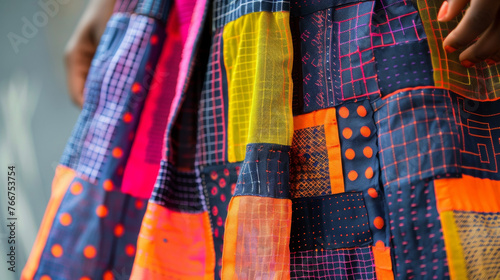 An upclose view of a dress with strategically p etextile patches that change color and pattern with each movement symbolizing the constant evolution and adaptability of modern photo