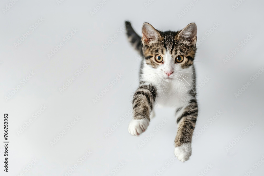 A playful cat jumping in the air on a white background