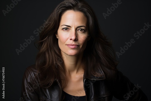 Portrait of a beautiful brunette woman in leather jacket on a dark background © Inigo
