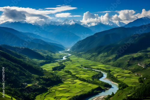 Panoramic Vista of A Lush Valley with A Serene River, Enveloped By Snow-Capped mountains and Blue Skies © Pearl
