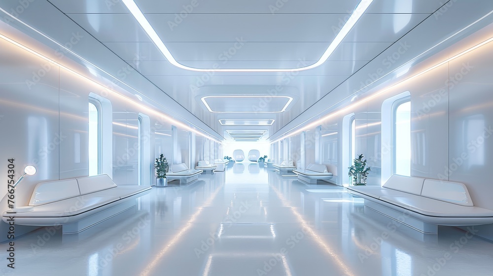 A conceptual image of a futuristic cardiology clinic waiting room with minimalist decor and advanced patient monitoring systems A conceptual image of a futuristic cardiology clinic waiting room with minimalist decor and advanced patient monitoring systems