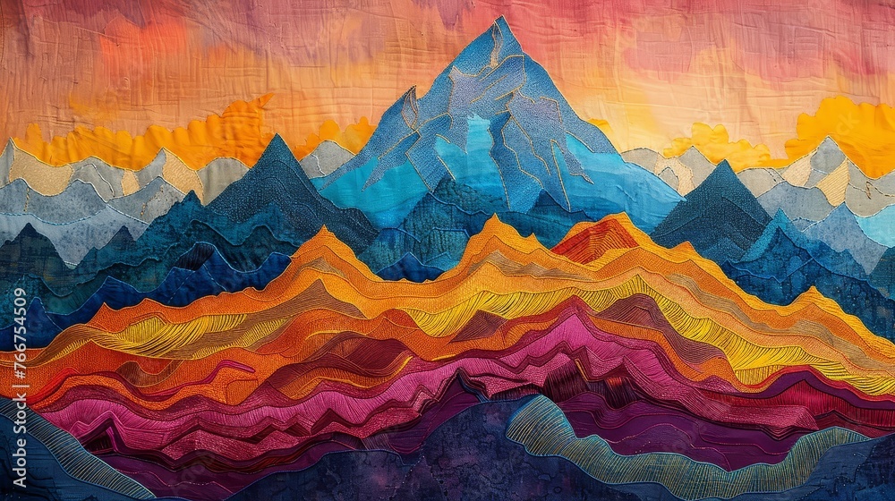 Mountain Peak Vibrant Mythical Hues   Hand-Embroidered ,
