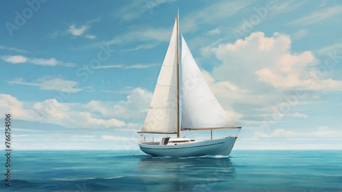 boat in turquoise sea waters against blue sky with white clouds. Captivating visuals of the idyllic serenity and adventure of a summer holiday on the open sea. generative ai © Firly