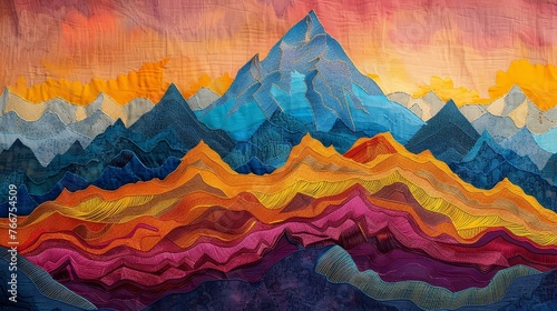 Mountain Peak Vibrant Mythical Hues Hand-Embroidered ,
