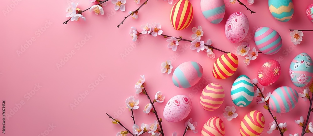 Background with stylish colorful easter eggs on pink pastel background accompanied by blooming cherry branches. This design is ideal for web banners, showcasing a flat lay, top view, mockup style. - obrazy, fototapety, plakaty 