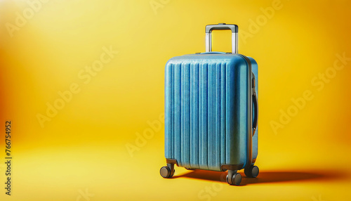 Blue hard-shell suitcase on wheels stands against a vibrant yellow background.