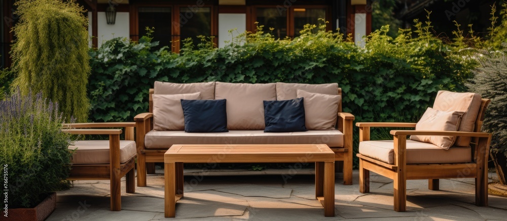Wooden furniture including a cozy couch and two chairs arranged in an outdoor garden setting