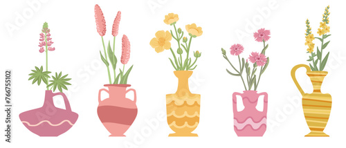vector drawing set of vase with wild flowers, flowerpots isolated at white background, hand drawn illustration