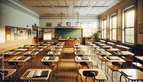 Golden sunlight streams into a traditional classroom with rows of desks facing a chalkboard.
