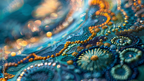 closeup reveals the intricate beading and embellishments on a digitally embroidered fabric piece. The image showcases how digital technology can create detailed and precise photo