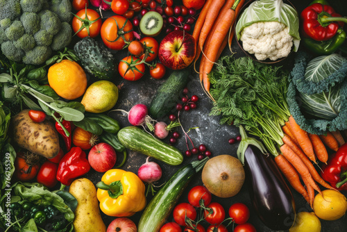 Top view of a wide variety of fresh fruits  vegetables and greens