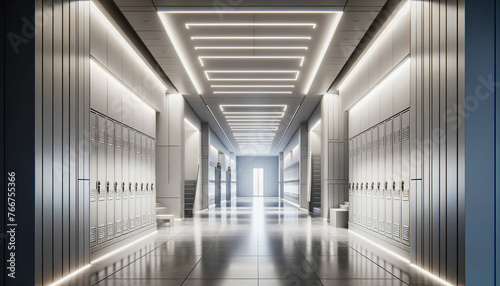 Sleek, modern lockers line a corridor awash with cool, white LED lighting.