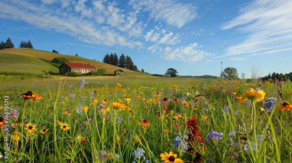 A serene field of wildflowers sways softly in the warm sun their vibrant colors creating a picturesque landscape. In the distance a quaint cottage sits nestled a the rolling